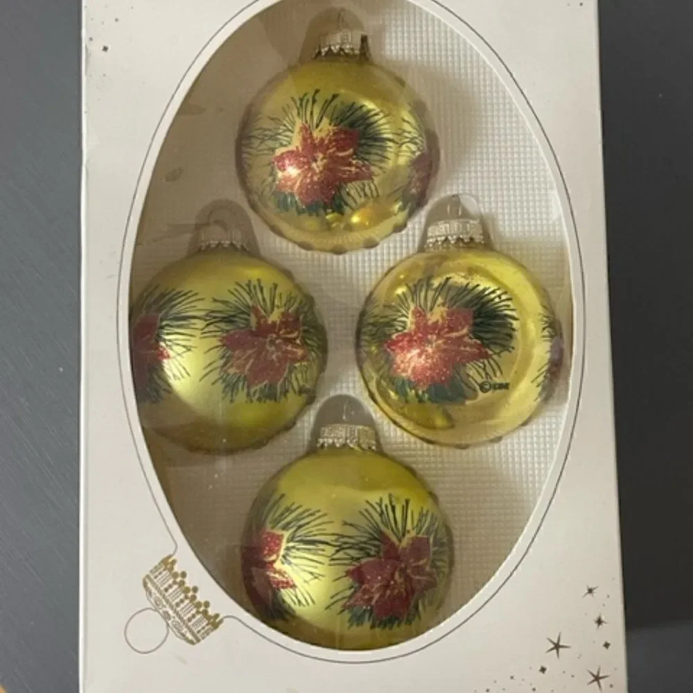 SANTA'S WORKBENCH 4 GLASS ORNAMENTS Glittered Poinsettia RED GOLD Green 2005 Exc